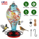 Glass Hummingbird Feeder 33OZ Hand Blown Hummingbird Feeder with 5 Flower Feeding Port Perch Ant Moat Hanging Hook S Hook Hemp Rope Cleaning Brush for