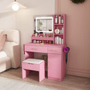 Vanity Desk With LED Mirror Lights And Power Outlet Charging Station, 3 Drawers, 7 Shelves, Storage Stool - Pink by HouseOfZazla