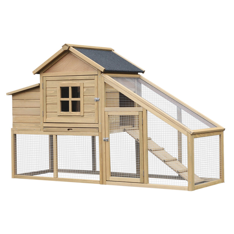 69" Wooden Chicken Coop, Poultry Cage Hen House with Connecting Ramp, Removable Tray, Ventilated Window and Nesting Box, Natural