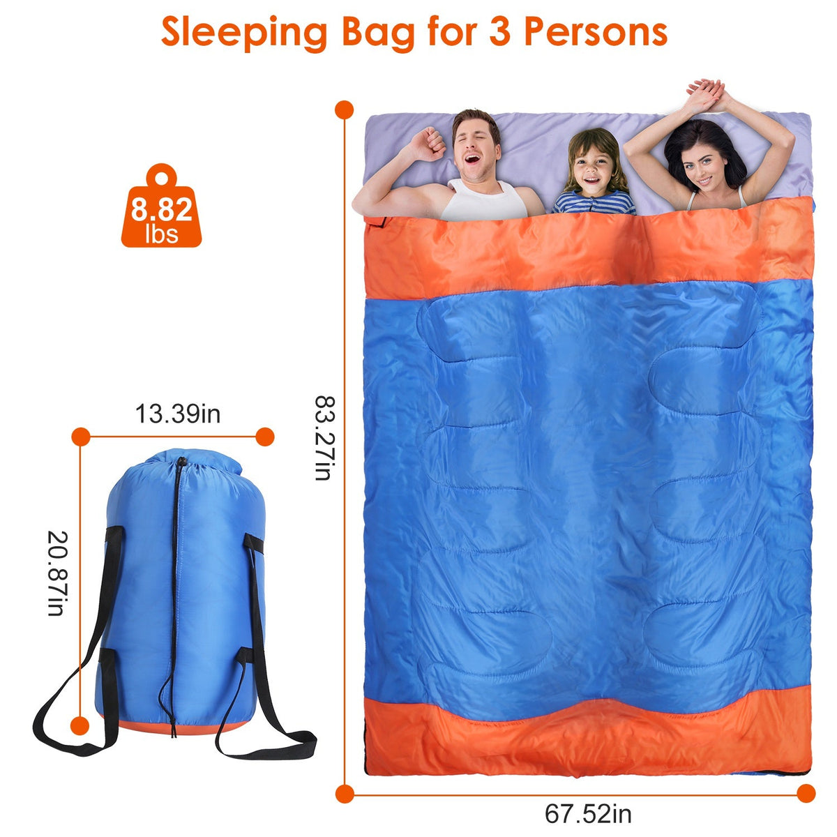 3 People Sleeping Bag for Adult Kids Lightweight Water Resistant Camping Cotton Liner Cold Warm Weather Indoor Outdoor Use 3 Season with Sack for Spri, photo 5 of 8
