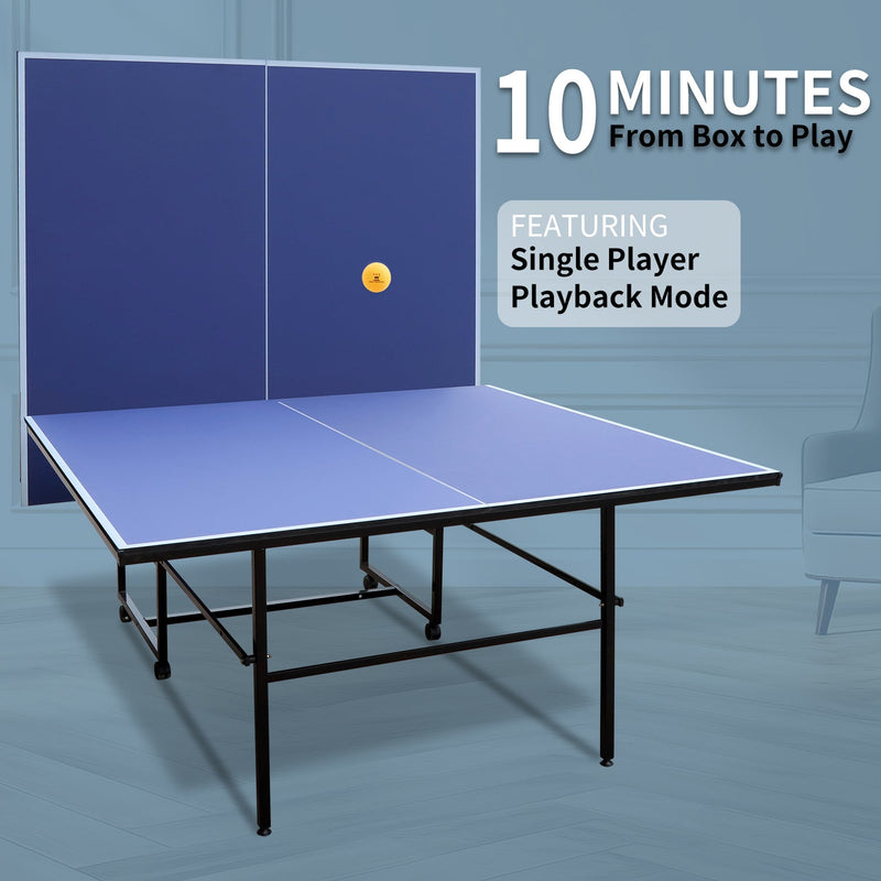 9ft Mid-Size Table Tennis Table Foldable & Portable Ping Pong Table Set for Indoor & Outdoor Games with Net, 2 Table Tennis Paddles and 3 Balls