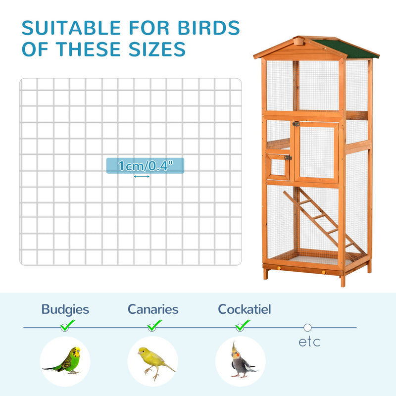 65" Wooden Bird Cage Outdoor Aviary House for Parrot, Parakeet, with Pull Out Tray and 2 Doors, Orange