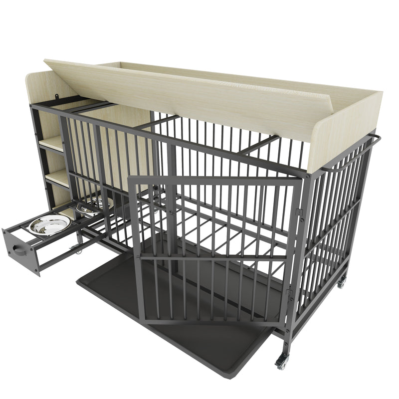 Large pet cage with storage rack, drawers with stainless steel food and water basin, made of iron frame and MDF material, sturdy, exquisite, and practical (black+beige)