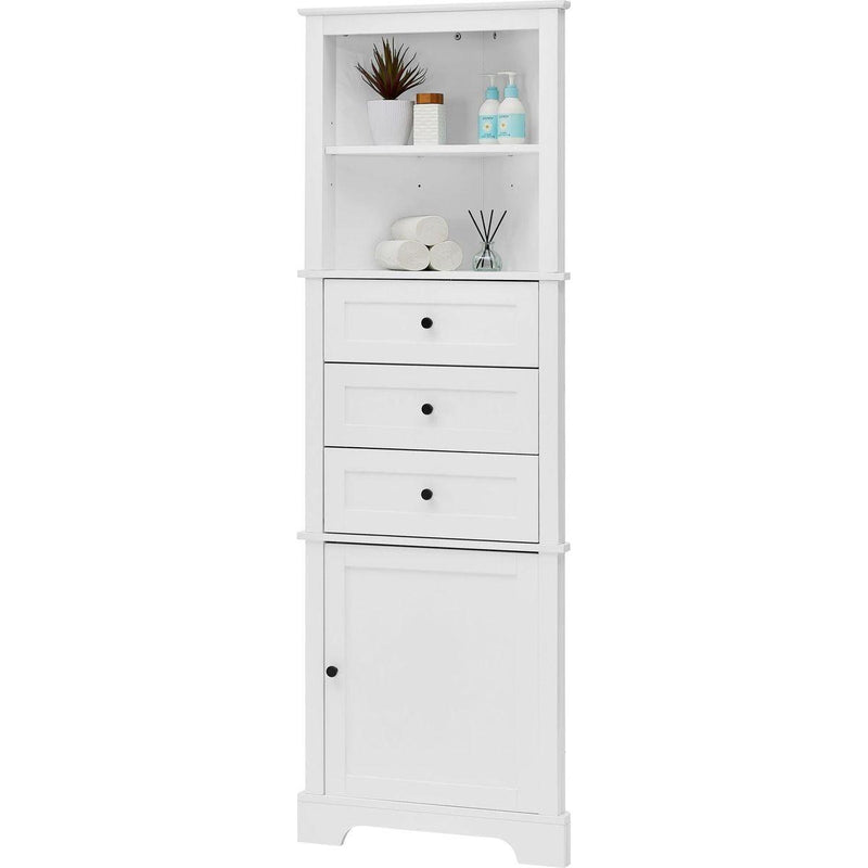 White Triangle Tall Cabinet with 3 Drawers and Adjustable Shelves for Bathroom, Kitchen or Living Room, MDF Board with Painted Finish