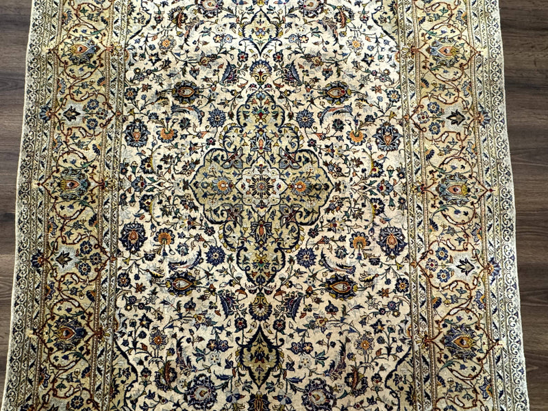 Rare Silk Persian Kashan Rug 4.6 x 7, Antique Fine 310 KPSI, Ivory