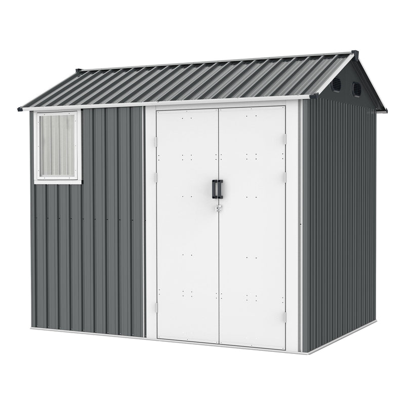 8x12 Ft Metal Outdoor Storage Shed with Window, Floor Base, Air Vents and Double Hinged Door