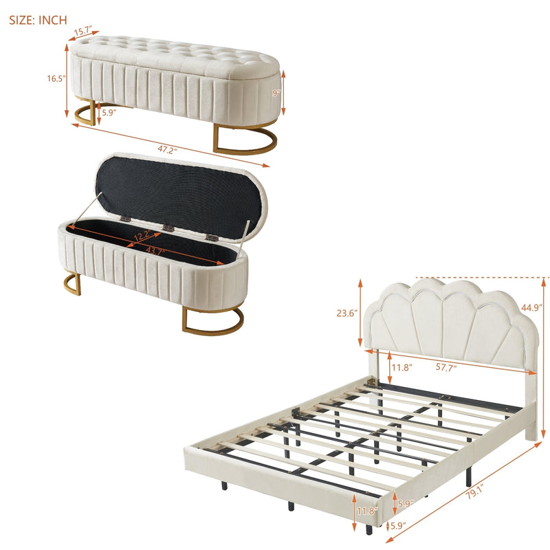 2-Pieces Bedroom Sets Full Size Upholstered LED Platform Bed with Storage Ottoman-Velvet, Beige