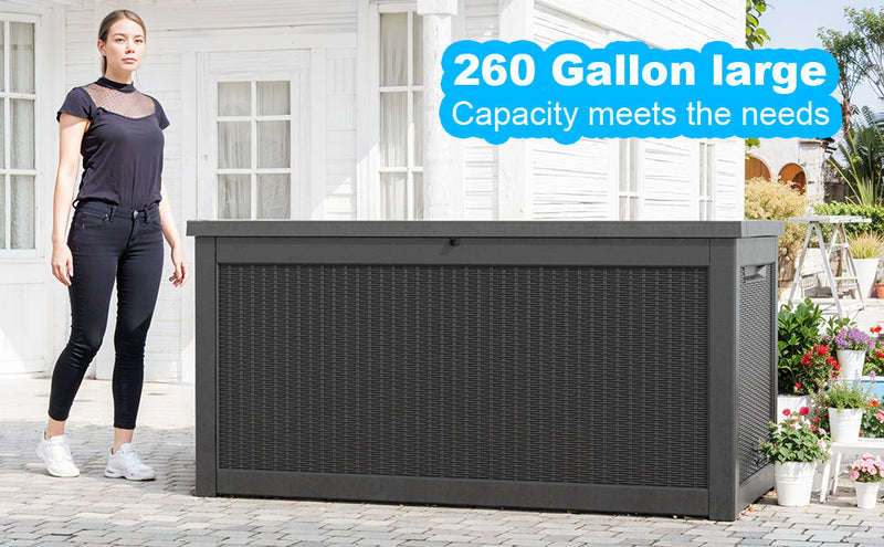 260 Gallon Deck Box, Waterproof Resin Large Outdoor Storgae Box for Patio Furniture, Patio Cushions, Gardening Tools, Pool and Sports Supplies, Lockable (Black)