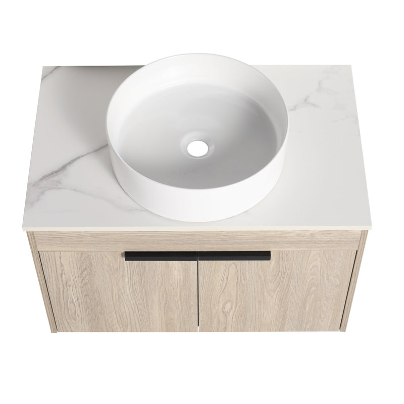 30" Modern Design Float Bathroom Vanity With Ceramic Basin Set, Wall Mounted White Oak Vanity With Soft Close Door, KD-PackingD-Packing Pieces
