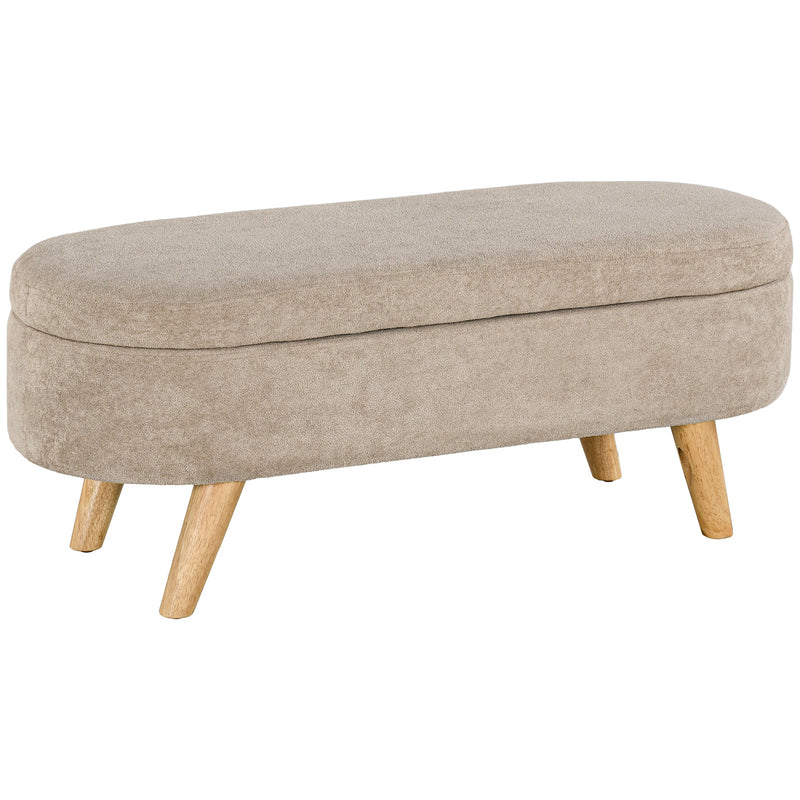 Walker Edison - Storage Ottoman Bench, 43.3" Teddy Fleece Upholstered End of Bed Bench with Wood Legs and Padded Seat, Oval Modern Entryway Bench, Beige