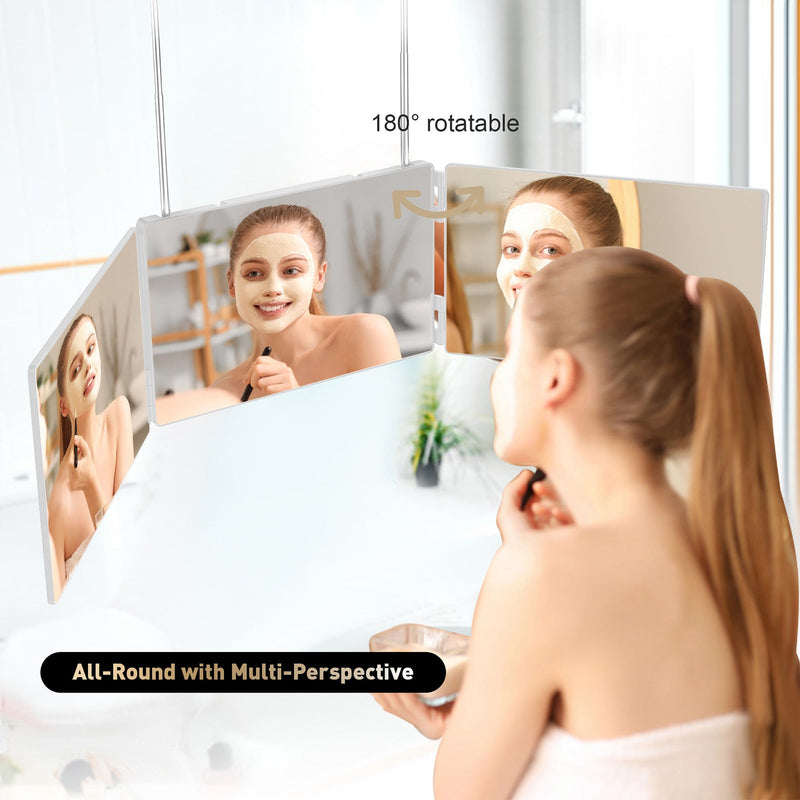 3 Way Mirror for Hair Cutting, 360 Degree Trifold Mirror with Height Adjustable Telescoping Hooks