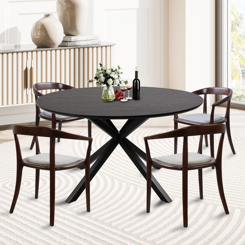 53" Mid-Century Modern Round Dining Room Table for 4-6 Person W/Solid Metal Legs, Black Wood Grain