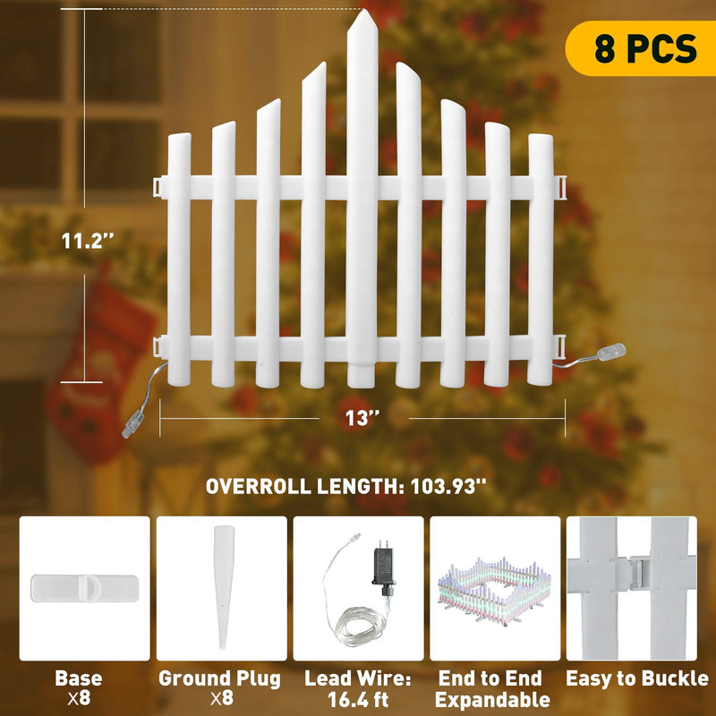 8 PCS Lighted Garden Picket Fence with 8 Inserts & Base - Plug-in LED Lights for Lawn, Patio, Path, Landscape, and Christmas Tree Decoration