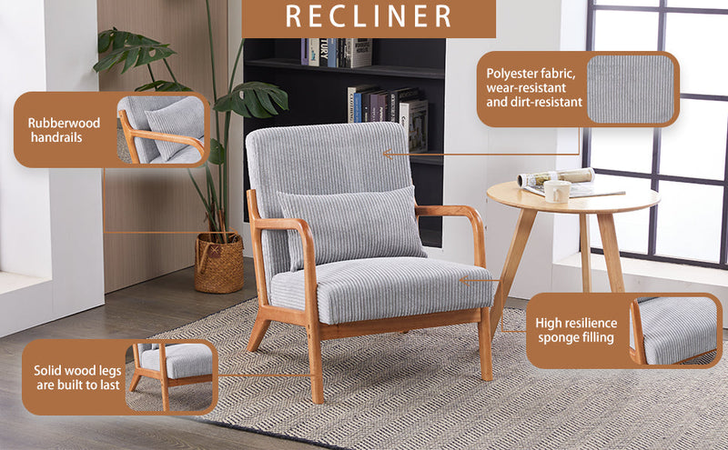 Mid-Century Modern Accent Chair, Arm Chair Living Room Chairs with Pillow Upholstered Reading Chair with Solid Wood Frame &  Living Room Bedroom Balcony (Antique Dark Grey)