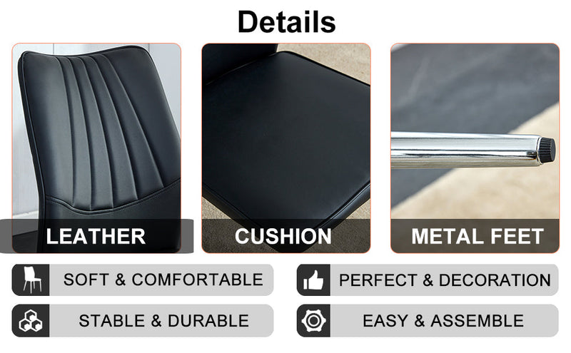 6 black dining chairs. Modern chairs from the Middle Ages. Made of PU material cushion and silver metal legs. Suitable for restaurants and living rooms