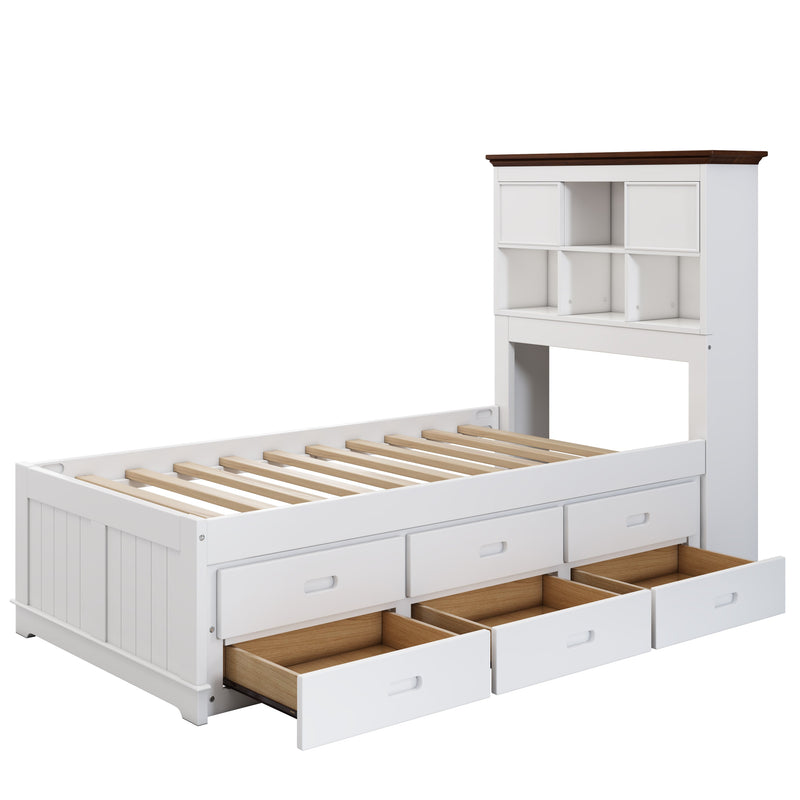 2 Pieces Wooden Captain Bedroom Set Twin Bed with Trundle and Nightstand,White+Walnut