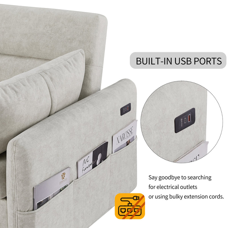 55.1" Pull Out Sleep Sofa Bed Loveseats Sofa Couch with Adjustable Backrest, Storage Pockets, 2 Soft Pillows, USB Ports for Living Room, Bedroom, Apartment, Office, Beige