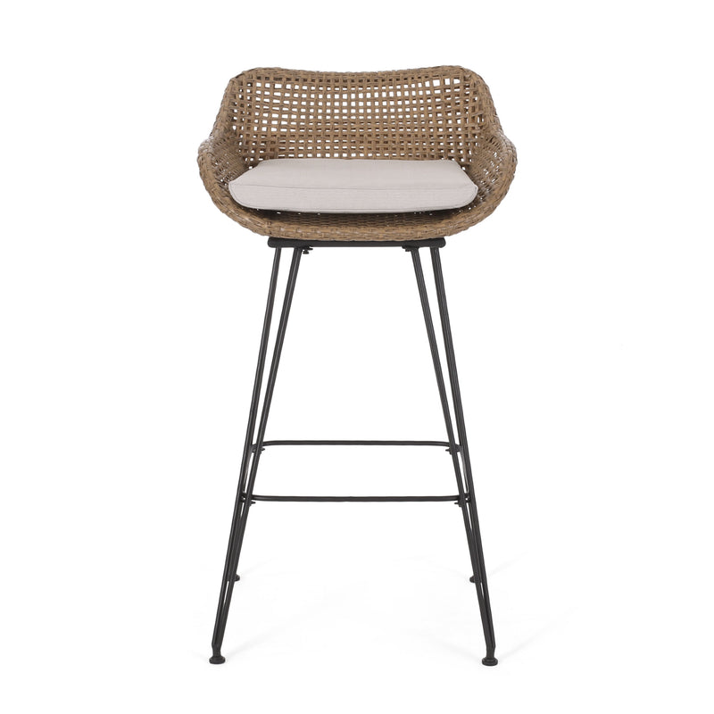 Walker Edison | Outdoor 29.25'' Wicker and Iron Barstool with Cushion (Set of 2)