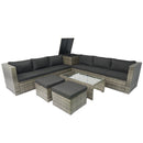 8 Piece Patio Sectional Wicker Rattan Outdoor Furniture Sofa Set with One Storage Box Under Seat and Cushion Box Grey wicker + Black Cushion + Clear Glass Top
