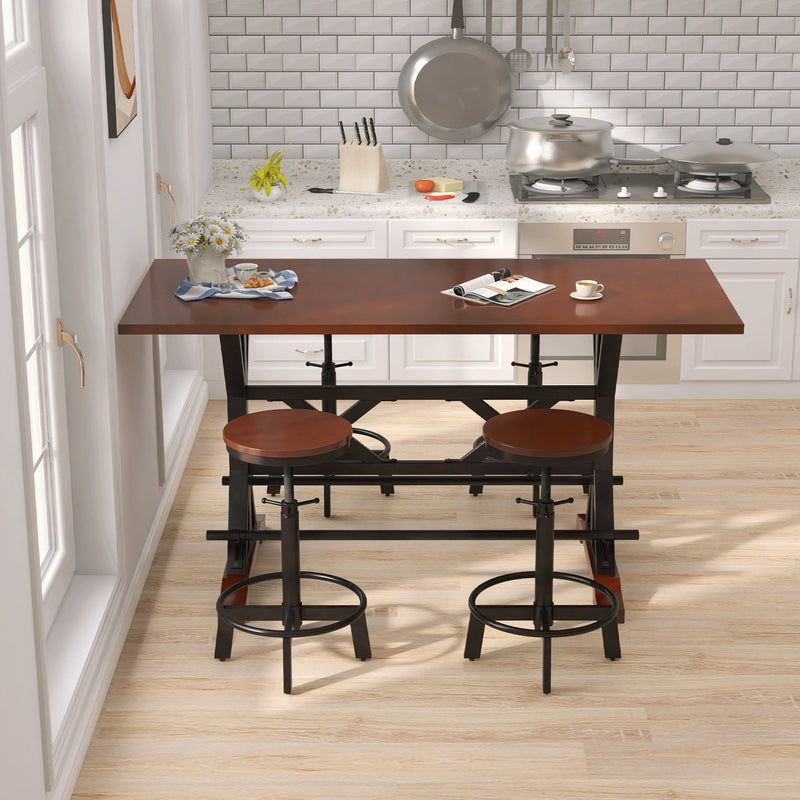 5-Piece Dining Table Set, 59" Wooden Sofa Side Table with Stabilizing Base, Rustic Brown Industrial Adjustable Height Chairs, Modern Bar Table and Chairs for Living Room, Dining Room, and Space Saving