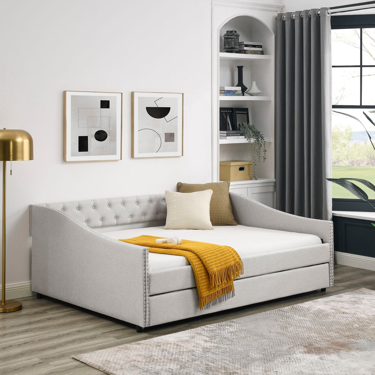 Upholstered Tufted Daybed With Drawers, Waved Arms, photo 9 of 27