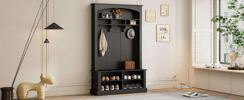 47.2" Wide Hall Tree with Bench and Shoe Storage, Multi-functional Storage Bench with 3 Hanging Hooks & Open Storage Space, Rectangle Storage & Shelves Coat Rack for Hallway, Black