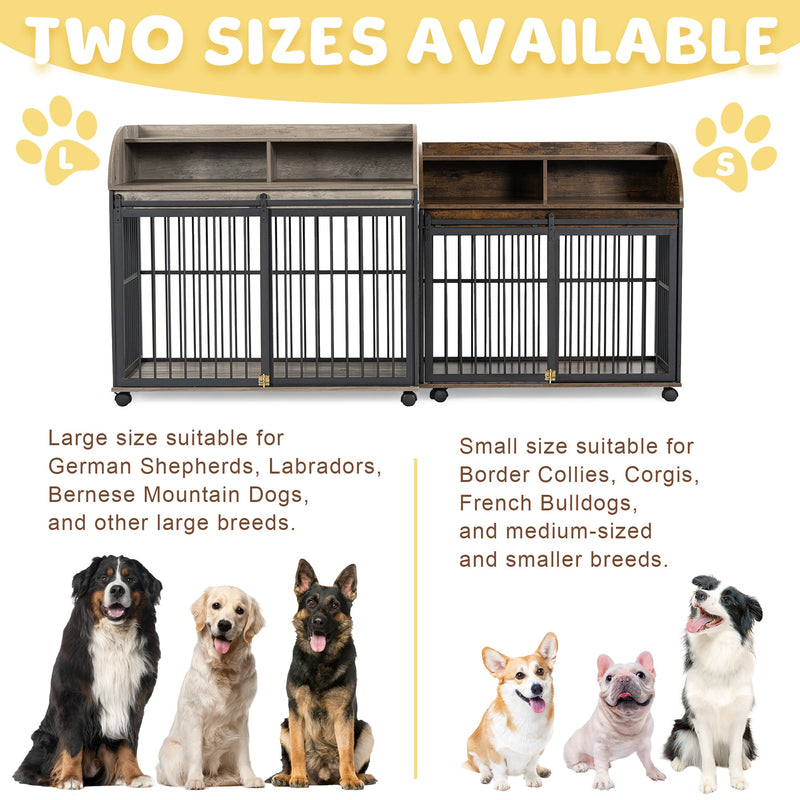 38" Heavy Duty Dog Crate Furniture for Medium Dog with Lockable Wheels, Wooden Dog Crate Dog Kennel, End Table Crate with Double layer storage, Brown