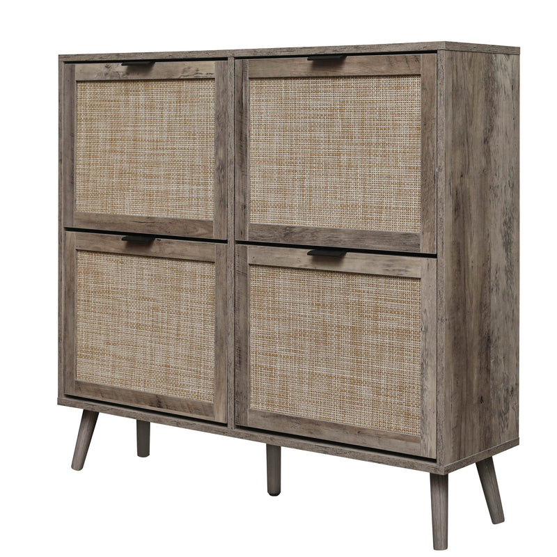 Walker Edison | Modern Rattan 4 Door Shoe Rack Cabinet for Entryway