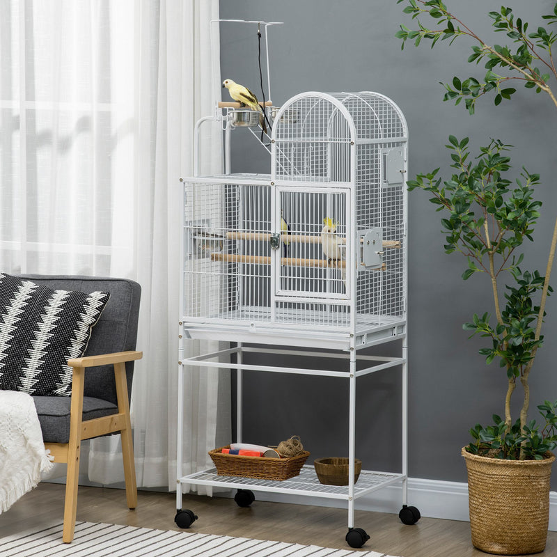 55" Large Parrot Cage with Toy Hooks Above Top Bird Perch, Tray, Food Cups, Rolling Stand, Bird Cage for Cockatiels, Parakeets, Lovebirds