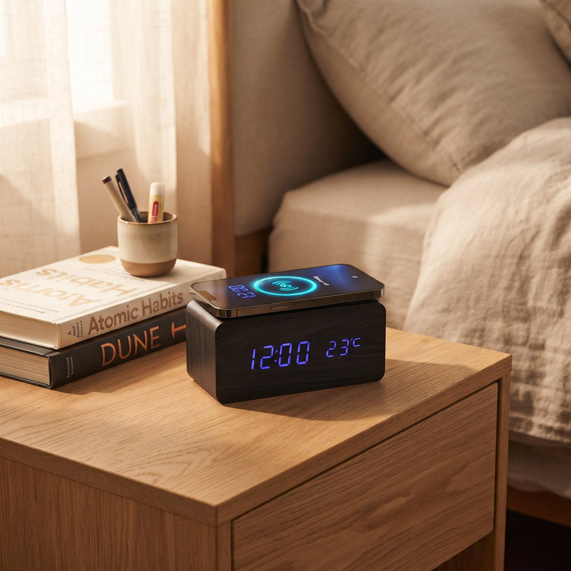 Black Wireless Phone Charger/Digital Clock, installed in a room