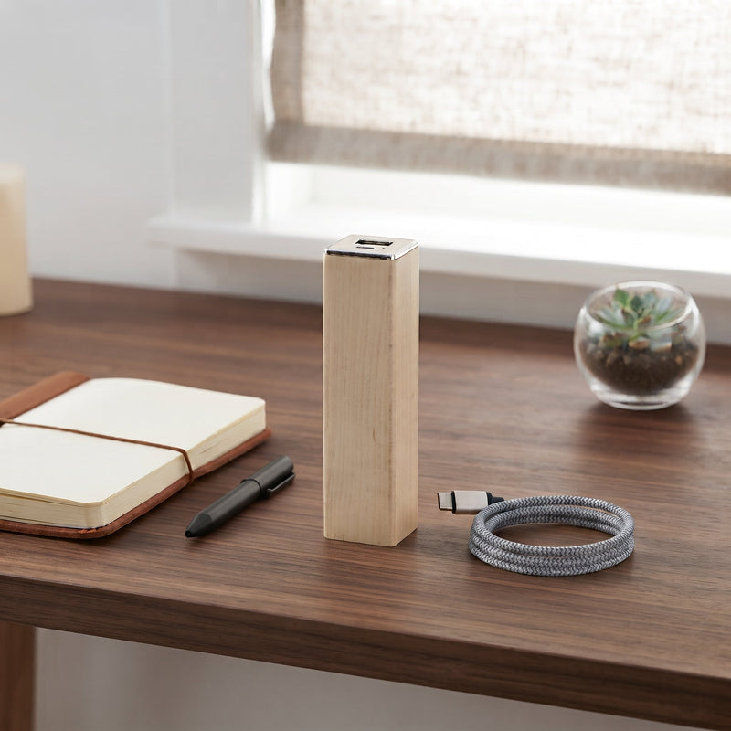 Square Tube Maple Power Bank Charger, installed in a room