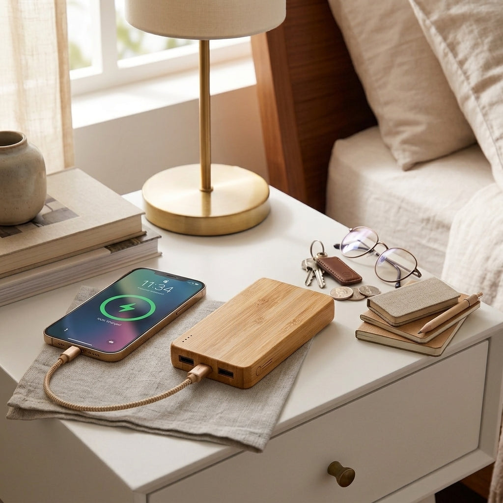 Compact Bamboo Power Bank - Portable Phone Charger, installed in a room