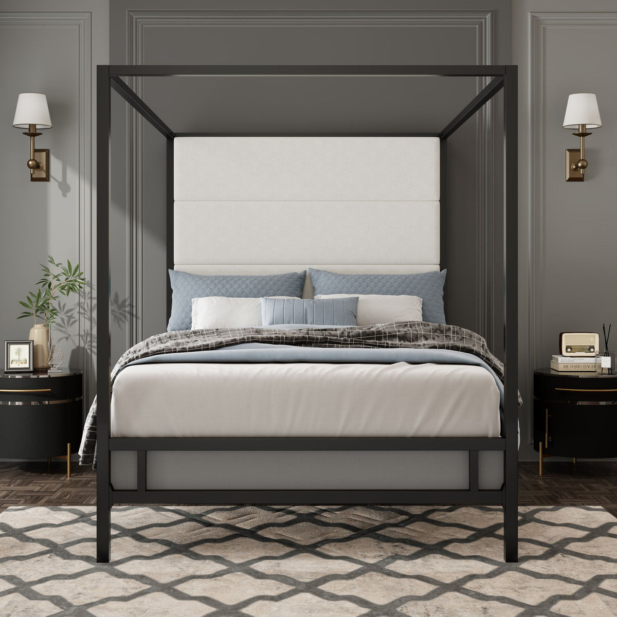 Canopy Bed With Tall Upholstered Headboard, 4 Poster Frame, photo 5 of 21