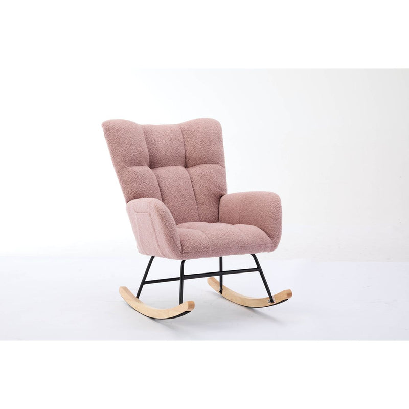Modern Nursery Rocking Chair Upholstered Glider Chair with High Backrest Rocker Accent Armchair with Solid Wood Legs for Nursery Bedroom Living Room Teddy(Pink)