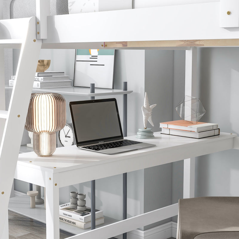 Loft Bed Full with desk,ladder,shelves, White