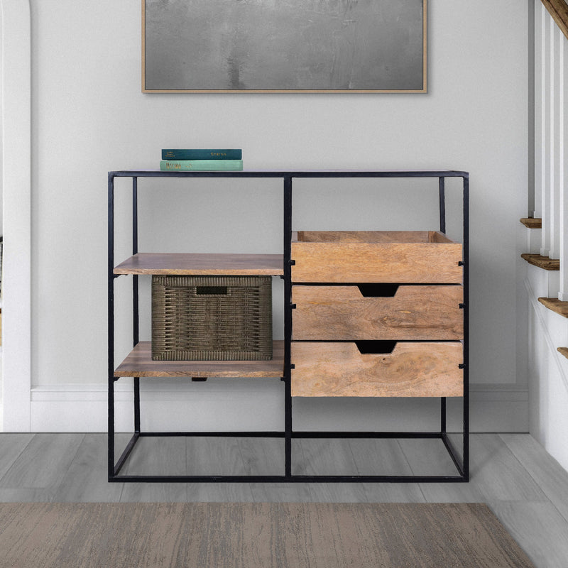 35 Inch Handcrafted Modern Glass Table, Storage Shelves, 3 Drawers, Metal Frame, Natural Brown and Black