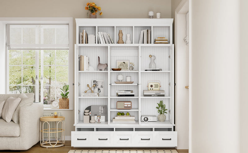 U-Can 78.7''H Hall Tree with Bench and 5 Storage Cubbies, Modern Entryway Storage Organizer Cabinet with 4 Doors, 5 Drawers and Adjustable Shelves for Hallway, Entryway, Living Room