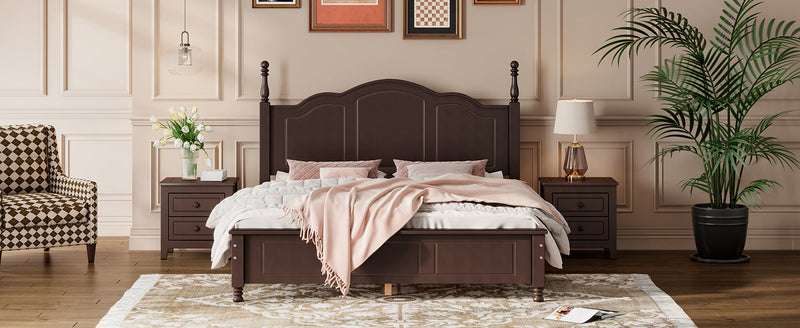3-Pieces Bedroom Sets,Queen Size Wood Platform Bed and Two Nightstands-Dark Walnut