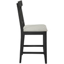 60"Lx30"W Solid Wood Farmhouse Counter Height Dining Table Set with 3-Tier Storage Shelves, Upholstered Dining Chairs for 4, 5-Piece, Gray