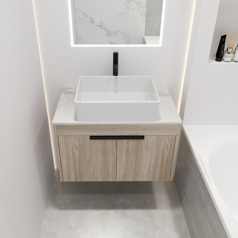 30" Modern Design Float Bathroom Vanity With Ceramic Basin Set, Wall Mounted White Oak Vanity With Soft Close Door, KD-PackingD-Packing Pieces