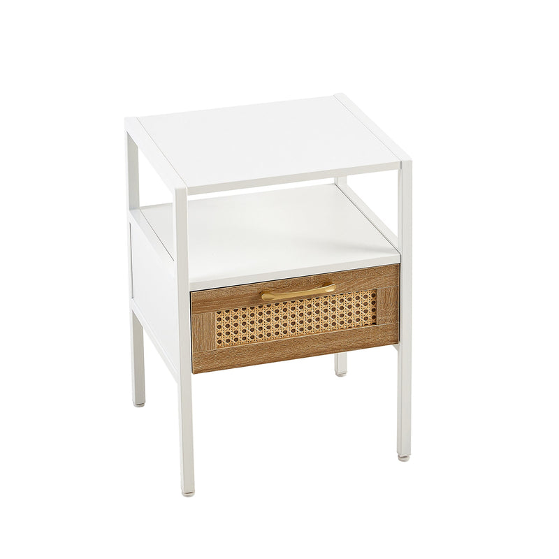 15.75" Rattan End table with drawer, Modern nightstand, metal legs,side table for living room, bedroom,white(1 pc)