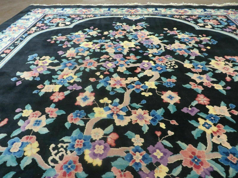 8' x 10' Vintage Handmade Art Deco Plush Chinese Wool Rug center Flower Black