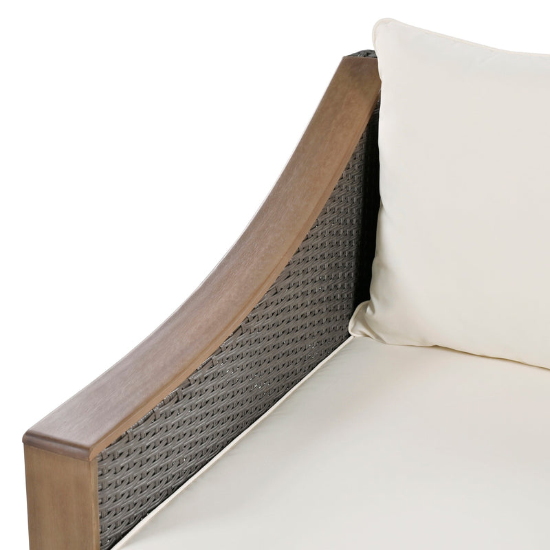 4-Piece Rattan Outdoor Conversation Sofa Set with Wooden Coffee Table and Cushions Seating 5 People for Patio, Garden and Backyard (Grey)