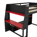Gaming Loft Bed With Desk, Multi Storage Shelves, LED Lighting, And Hanging Clothes Rack