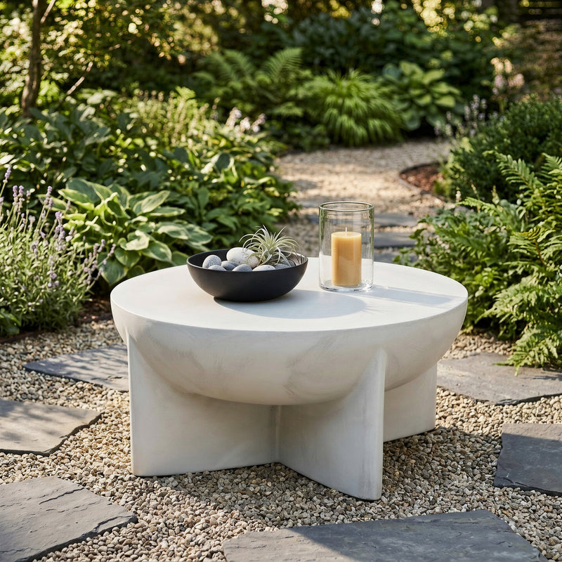 Matte White Round Coffee Table, Magnesium Oxide Sculptural Tripod Base, photo 3 of 9