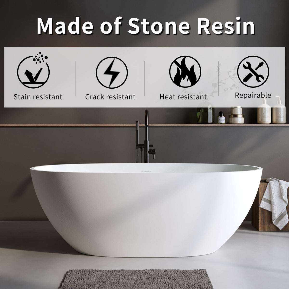 55" Solid Surface Matte Tub - Freestanding Soaking Bathtub, photo 2 of 10