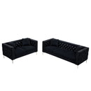 2 Piece Modern Velvet Living Room Set with Sofa and Loveseat, Jeweled Button Tufted Copper Nails Square Arms Black, 4 Pillows Included