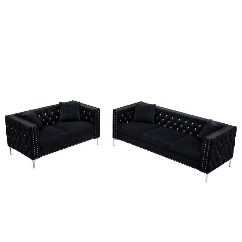 2 Piece Modern Velvet Living Room Set with Sofa and Loveseat, Jeweled Button Tufted Copper Nails Square Arms Black, 4 Pillows Included