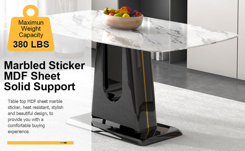 A modern, minimalist, and luxurious dining table with a white imitation marble tabletop and MDF legs with U-shaped brackets. Tables in restaurants and living rooms 63"x35.4"x30 F-U