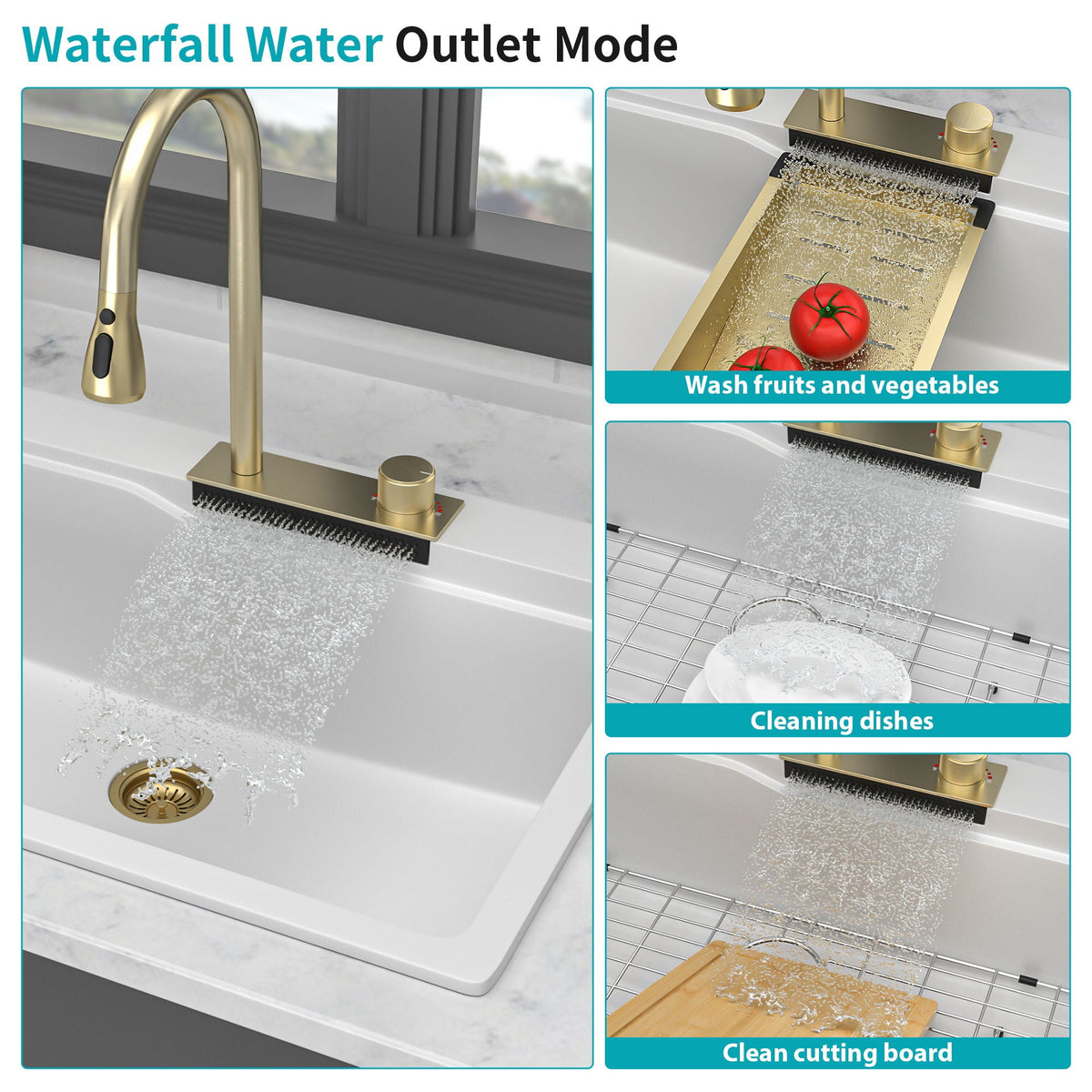 Waterfall Kitchen Sink With Pull Out Faucet & Cup Washer, photo 5 of 40